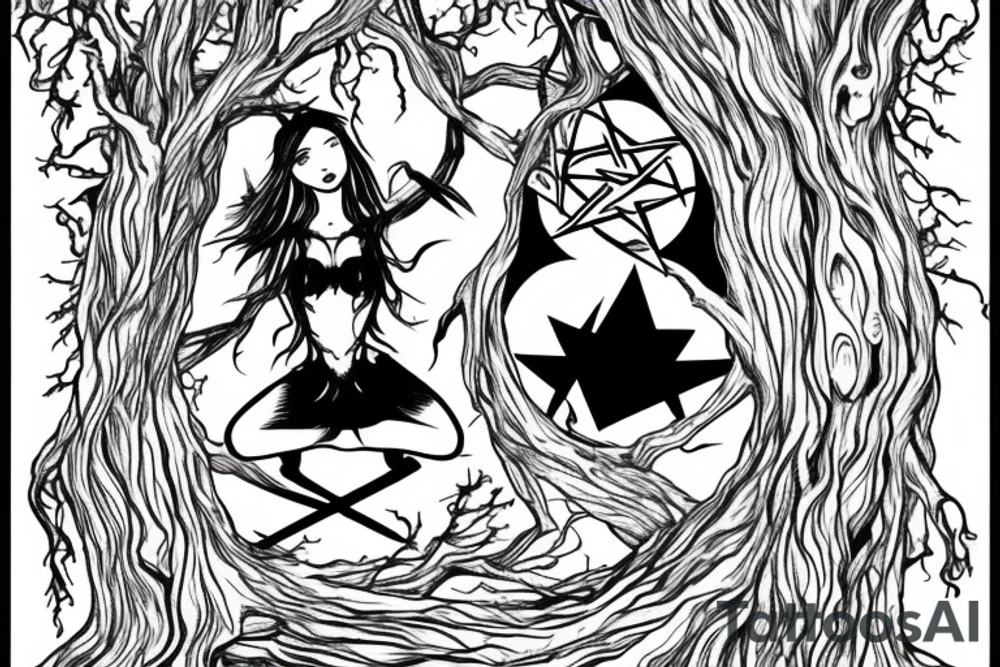 lilith on top of a scary tree without leaves with a pentagram on its trunk tattoo idea