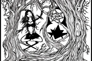 lilith on top of a scary tree without leaves with a pentagram on its trunk tattoo idea