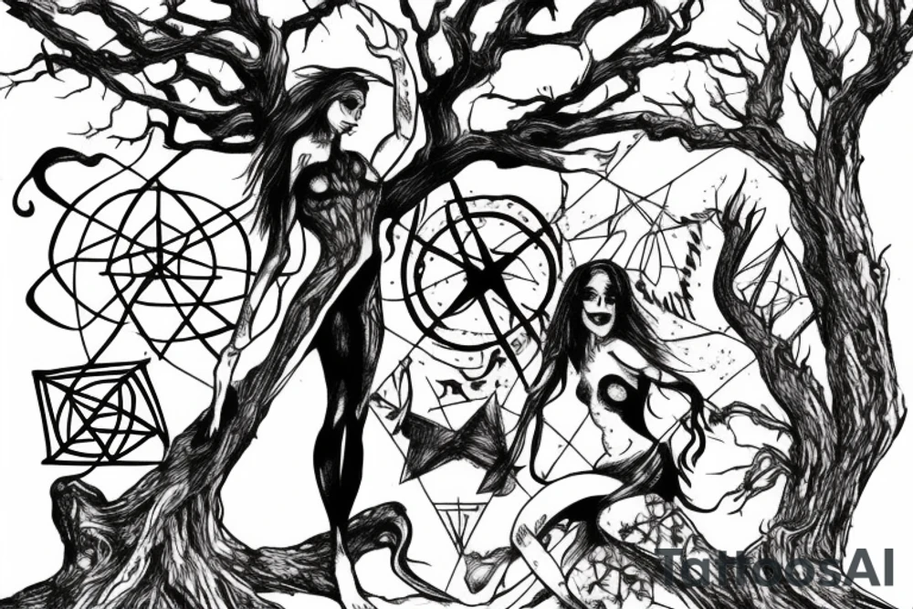 lilith on top of a scary tree without leaves with a pentagram on its trunk tattoo idea