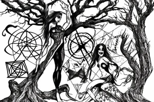 lilith on top of a scary tree without leaves with a pentagram on its trunk tattoo idea