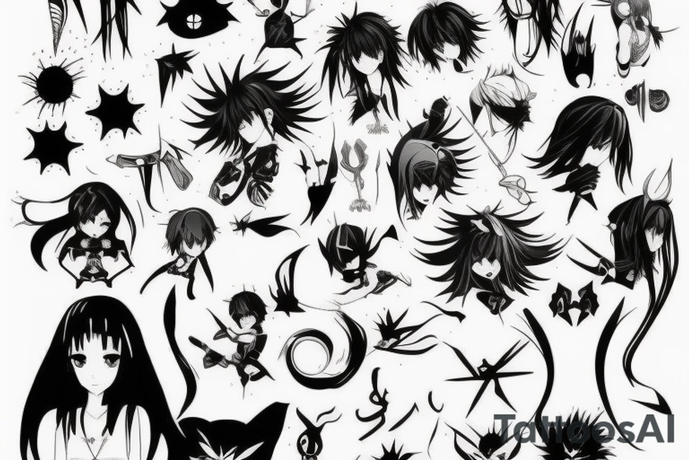 Detailed demo version of anime in dark style tattoo idea
