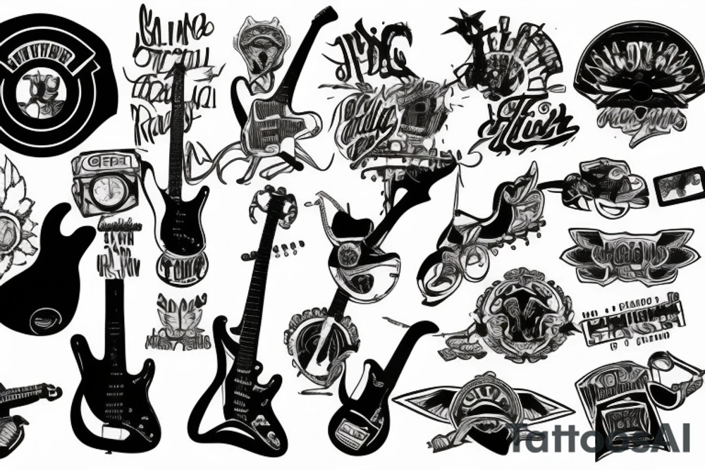 guitar, mutt motorbike and sunset tattoo idea