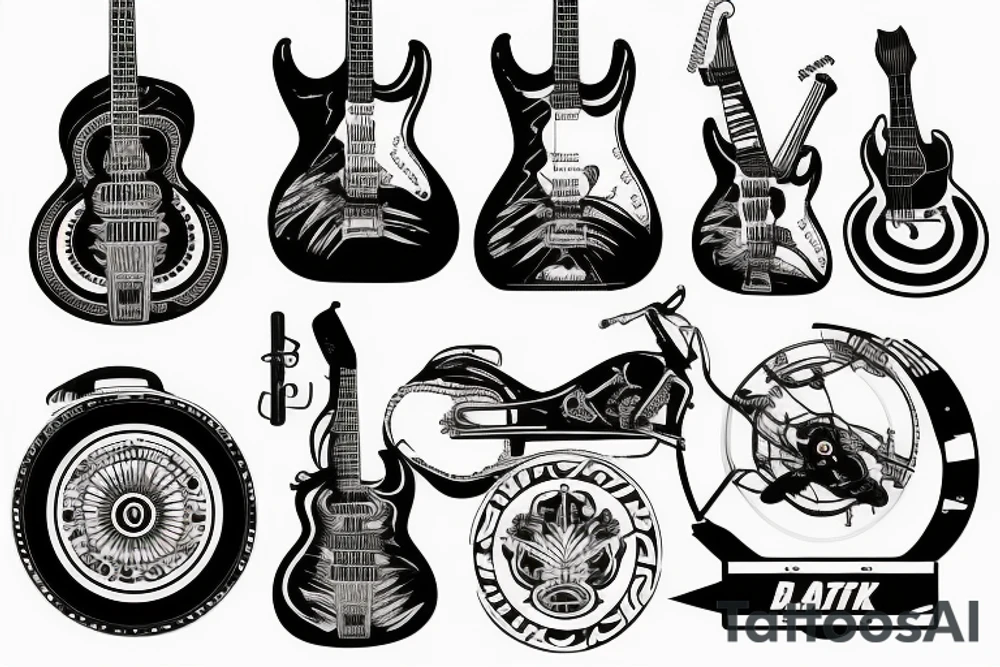 guitar, mutt motorbike and sunset tattoo idea