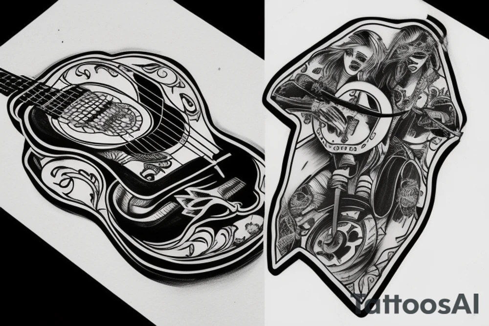 accoustic guitar, mutt motorbike and sunset tattoo idea