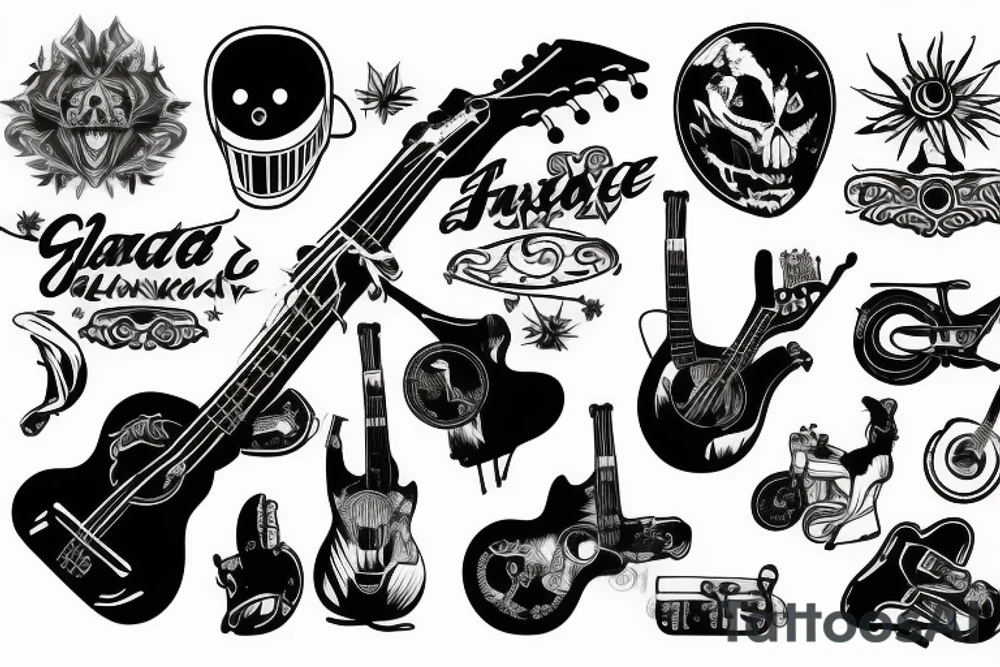 accoustic guitar, mutt motorbike, sunset tattoo idea