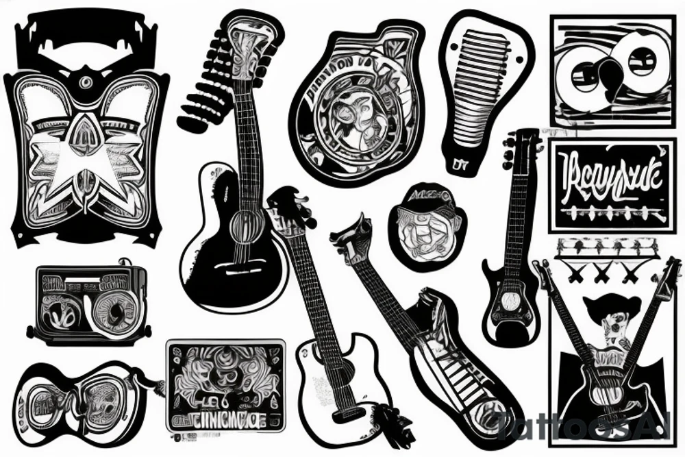 accoustic guitar, mutt motorbike, sunset tattoo idea