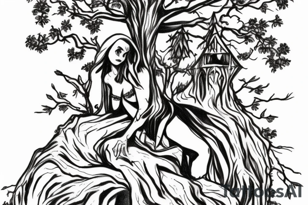 Lilith on top of a scary tree without leaves and a pentagram on the trunk tattoo idea