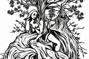Lilith on top of a scary tree without leaves and a pentagram on the trunk tattoo idea