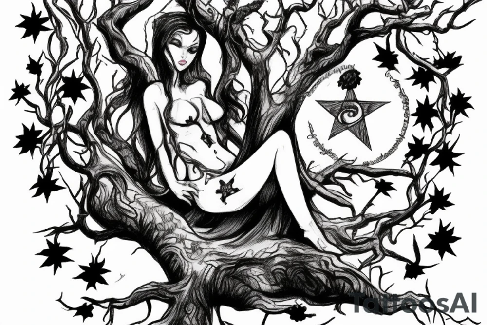 Lilith on top of a scary tree without leaves and a pentagram on the trunk tattoo idea