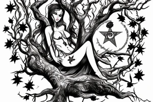 Lilith on top of a scary tree without leaves and a pentagram on the trunk tattoo idea