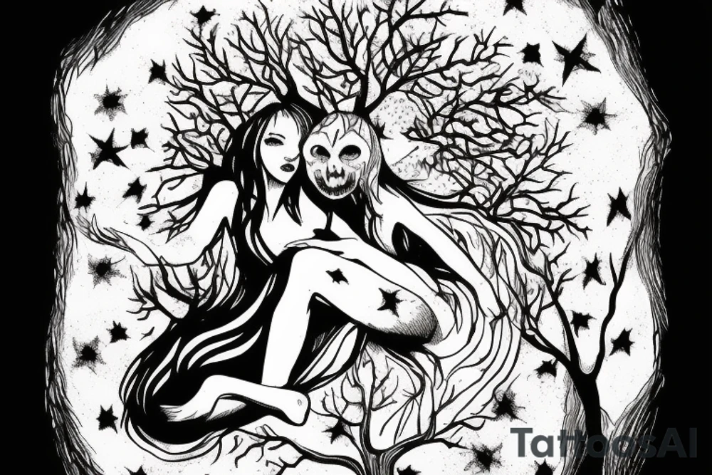 Lilith on top of a scary tree without leaves and a pentagram on the trunk tattoo idea