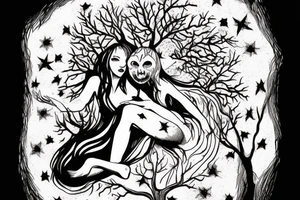 Lilith on top of a scary tree without leaves and a pentagram on the trunk tattoo idea
