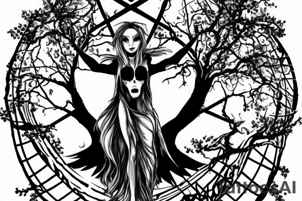 Lilith on top of a scary tree without leaves and a pentagram on the trunk tattoo idea