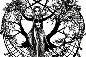 Lilith on top of a scary tree without leaves and a pentagram on the trunk tattoo idea