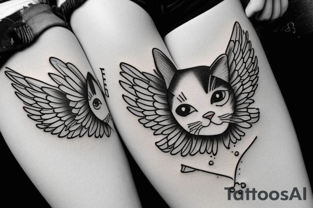 a small plump black and white cat with pink angel wings tattoo idea