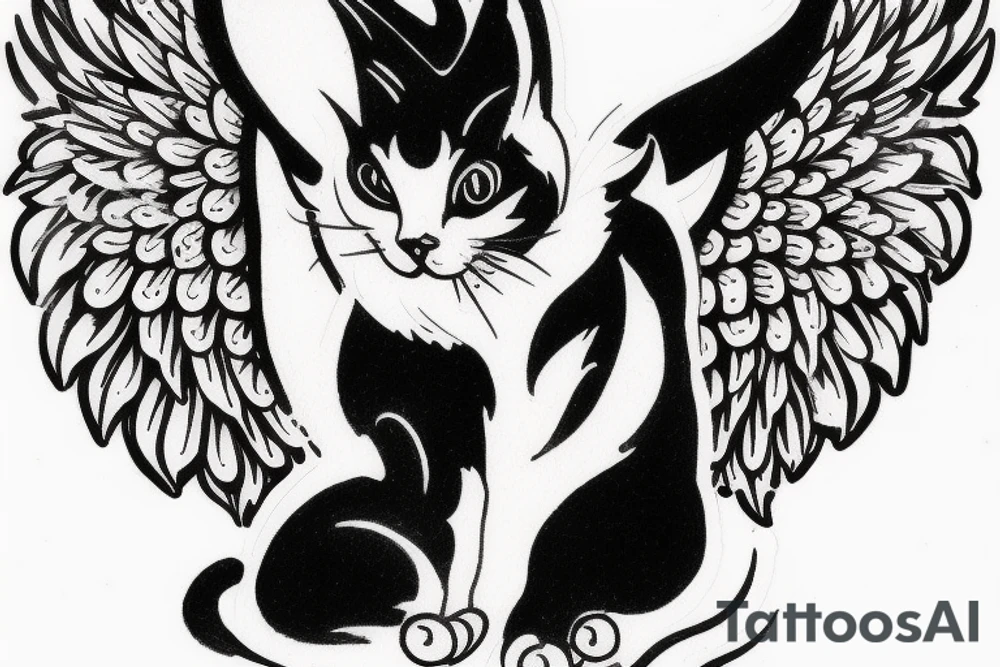 a small plump black and white cat with pink angel wings tattoo idea