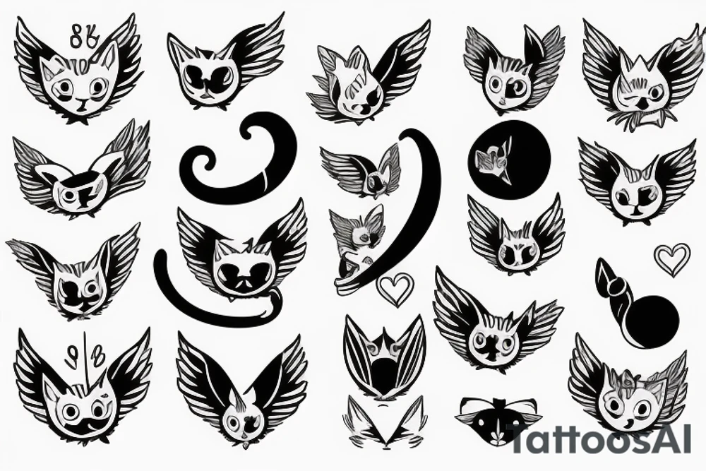a small plump black and white cat with pink angel wings tattoo idea
