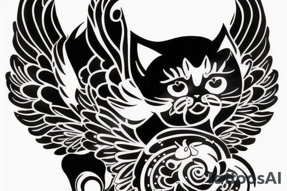 a small plump black and white cat with pink angel wings tattoo idea