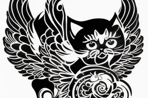 a small plump black and white cat with pink angel wings tattoo idea