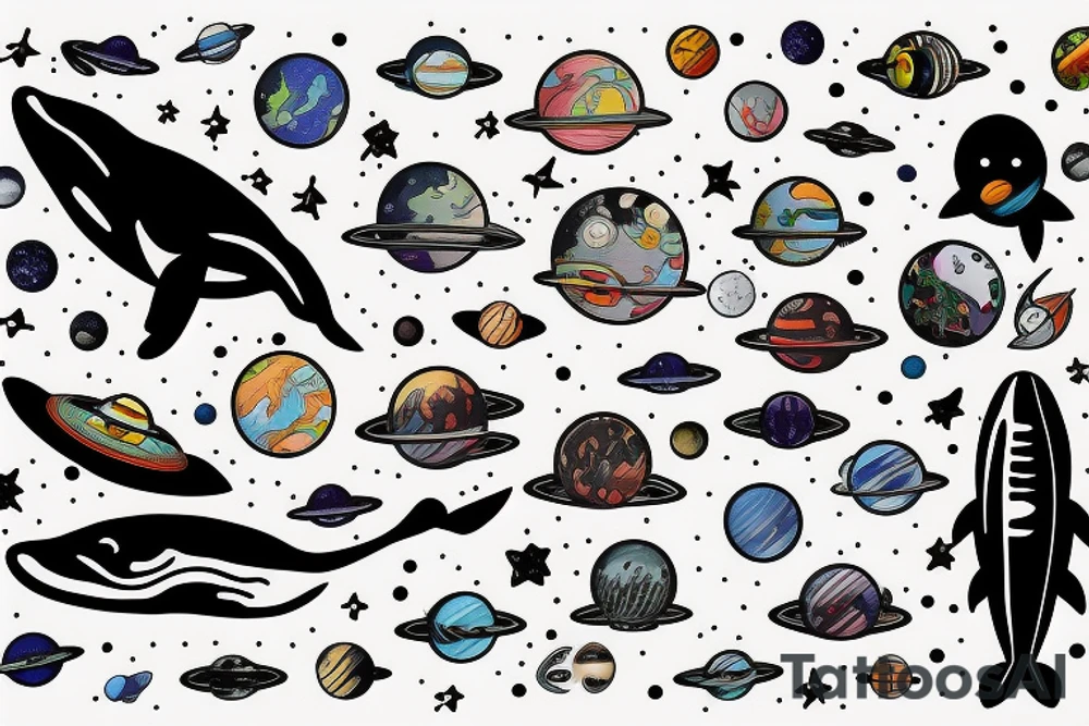 whale, space, planets, astronaut tattoo idea