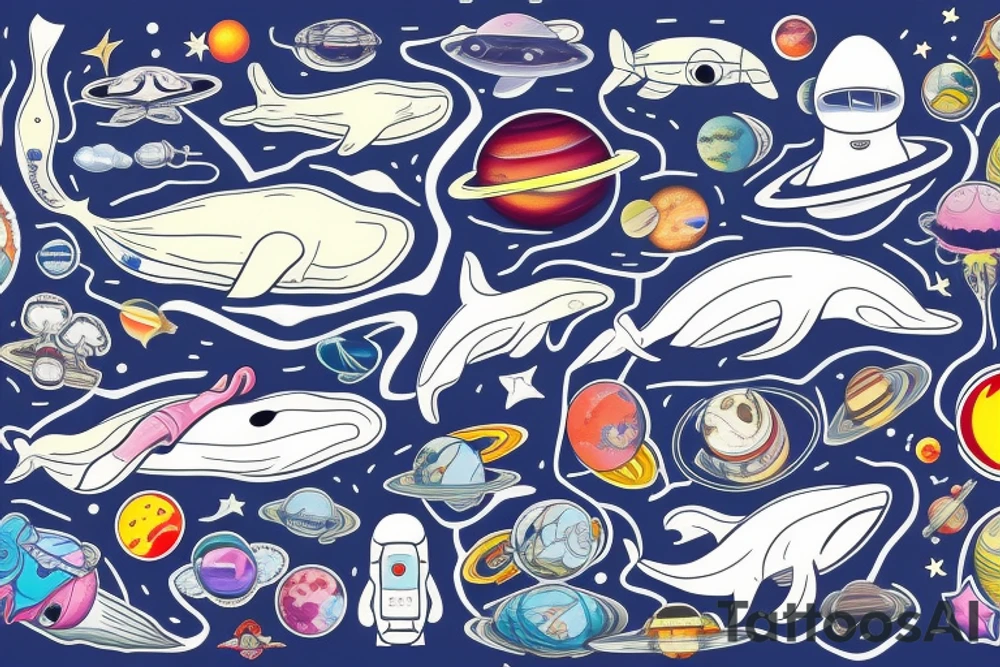 whale, space, planets, astronaut tattoo idea