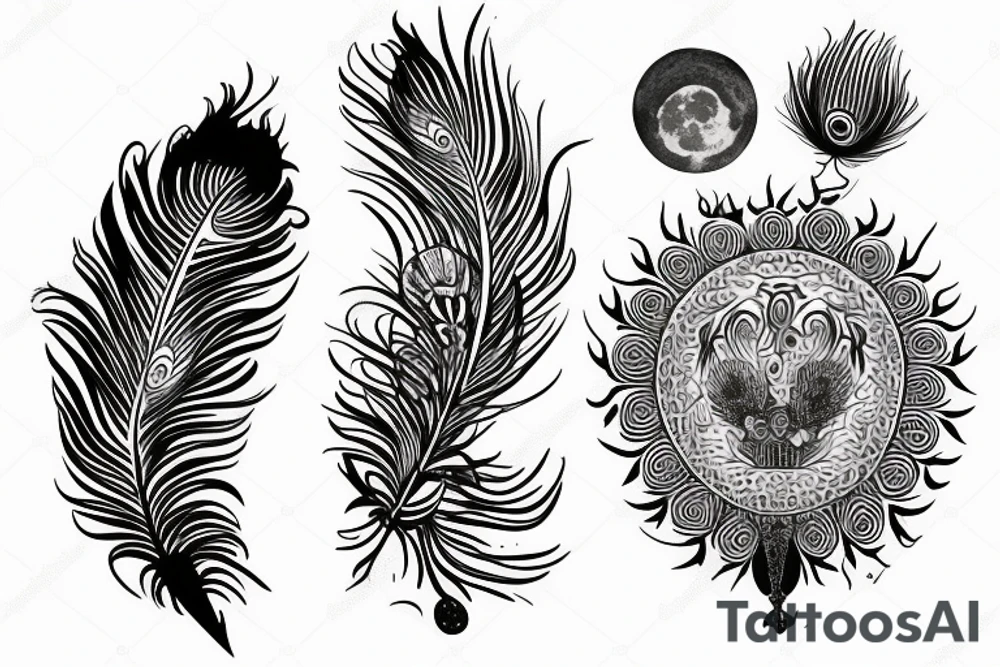 An outline of moon with peacock feather tattoo idea