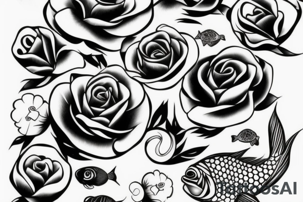 black rose with fish behind it tattoo idea