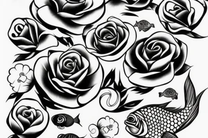 black rose with fish behind it tattoo idea