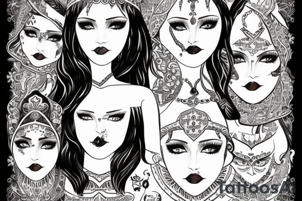 Slavic goddes in ethnic slavic style, dresed in ethnic slavic dress, dark eyes, dark lips, tattoo idea