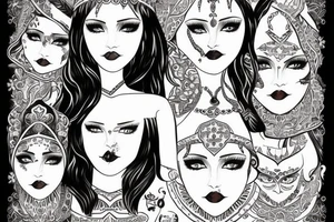 Slavic goddes in ethnic slavic style, dresed in ethnic slavic dress, dark eyes, dark lips, tattoo idea