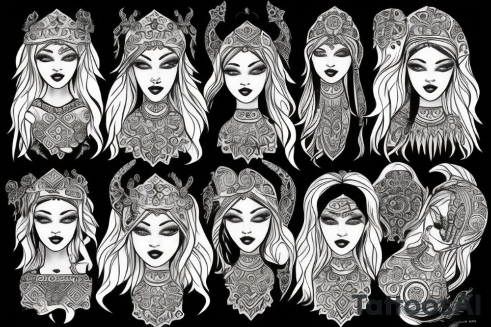 Slavic goddes in ethnic slavic style, dresed in ethnic slavic dress, dark eyes, dark lips, tattoo idea