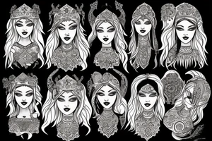 Slavic goddes in ethnic slavic style, dresed in ethnic slavic dress, dark eyes, dark lips, tattoo idea