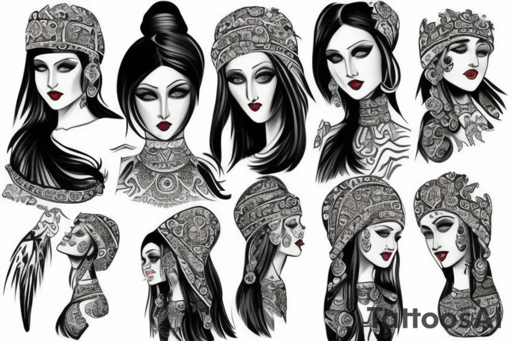 Slavic goddes in ethnic slavic style, dresed in ethnic slavic dress, dark eyes, dark lips, tattoo idea