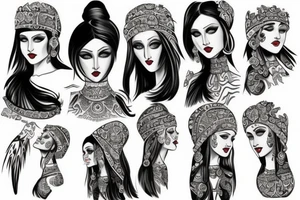 Slavic goddes in ethnic slavic style, dresed in ethnic slavic dress, dark eyes, dark lips, tattoo idea