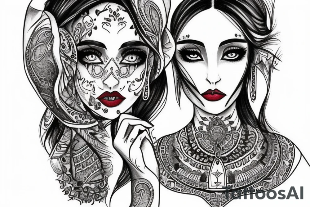 Slavic goddes in ethnic slavic style, dresed in ethnic slavic dress, dark eyes, dark lips, tattoo idea