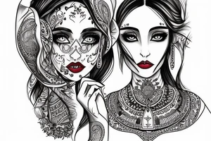 Slavic goddes in ethnic slavic style, dresed in ethnic slavic dress, dark eyes, dark lips, tattoo idea
