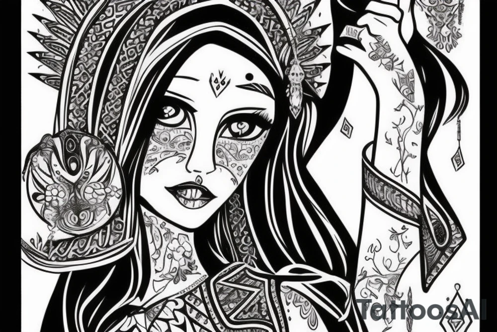 Slavic goddes in ethnic slavic style, dresed in ethnic slavic dress, dark eyes, dark lips, tattoo idea
