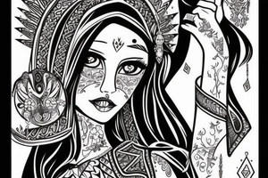 Slavic goddes in ethnic slavic style, dresed in ethnic slavic dress, dark eyes, dark lips, tattoo idea