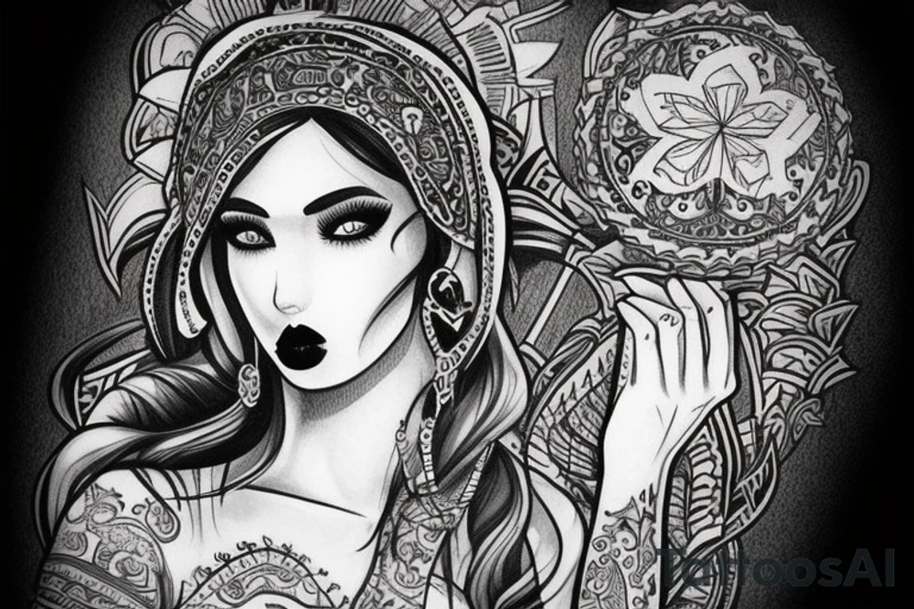 Slavic goddes in ethnic slavic style, dresed in ethnic slavic dress, dark eyes, dark lips, tattoo idea