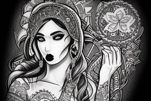 Slavic goddes in ethnic slavic style, dresed in ethnic slavic dress, dark eyes, dark lips, tattoo idea