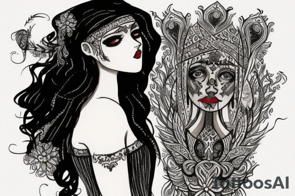 Slavic goddes in ethnic slavic style, dresed in ethnic slavic dress, dark eyes, dark lips, tattoo idea