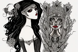 Slavic goddes in ethnic slavic style, dresed in ethnic slavic dress, dark eyes, dark lips, tattoo idea