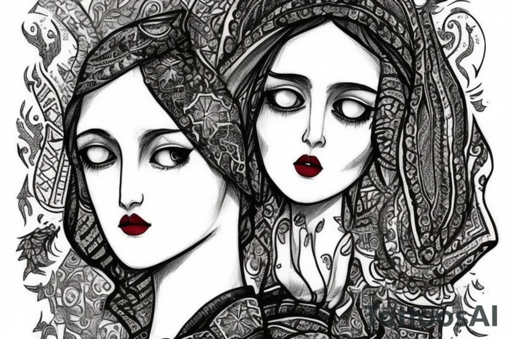 Slavic goddes in ethnic slavic style, dresed in ethnic slavic dress, dark eyes, dark lips, tattoo idea