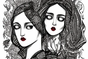 Slavic goddes in ethnic slavic style, dresed in ethnic slavic dress, dark eyes, dark lips, tattoo idea