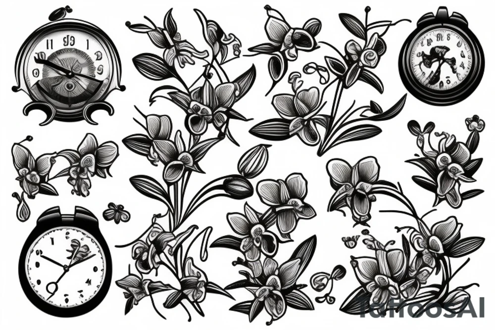 Cataleya orchids and pocker clocks tattoo idea