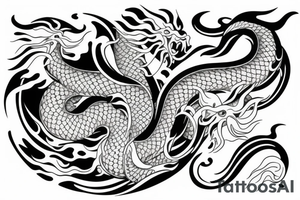 Japanese dragon surrounded by flowers and waves tattoo idea