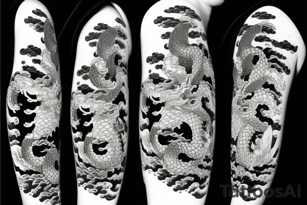 Japanese dragon surrounded by flowers and waves tattoo idea