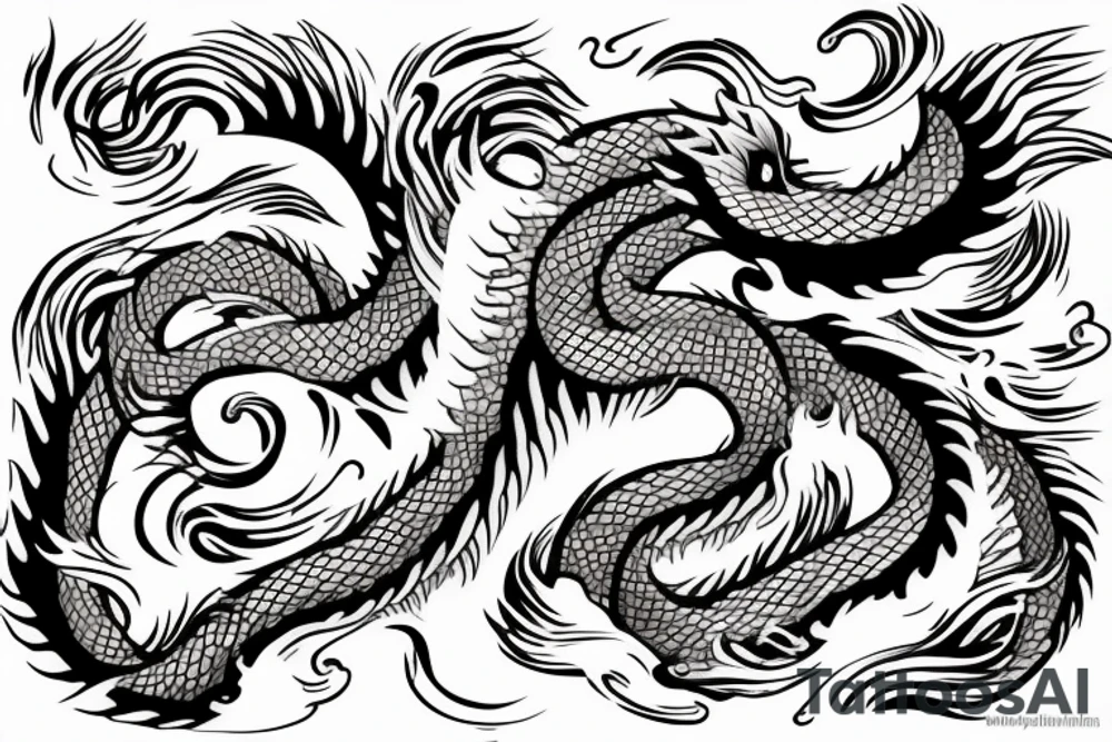 Japanese dragon surrounded by flowers and waves tattoo idea