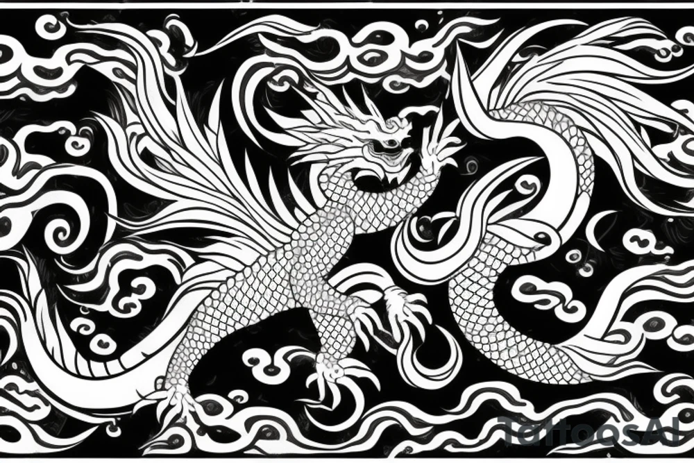 Japanese dragon surrounded by flowers and waves tattoo idea