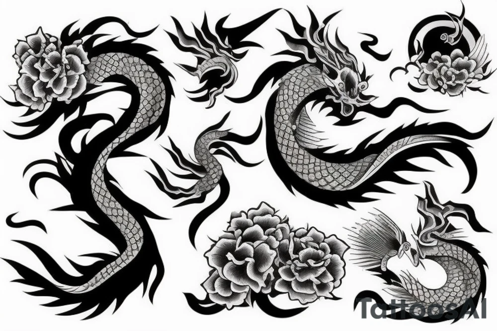 Arm tattoo, Japanese dragon surrounded by flowers and waves tattoo idea